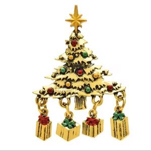 Vintage Christmas Tree Brooch – Gold Holiday Pin with Dangling Gift Charms